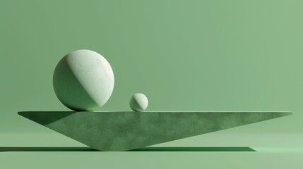 A geometric object is on a seesaw, tilted to one side. Simple style, green background 