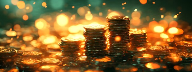 A digital background featuring a collection of coins and data, with a cinematic, bokeh-like effect, highlighted by yellow tones and accented with green hues