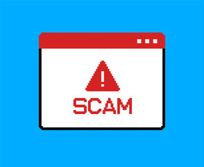 Fototapete - SCAM - vector message window in retro 8-bit video game style sign caution message. Web3 technology  SCAM text notice interface message. Geek style pixel graphics window 