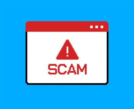 SCAM - vector message window in retro 8-bit video game style sign caution message. Web3 technology  SCAM text notice interface message. Geek style pixel graphics window 