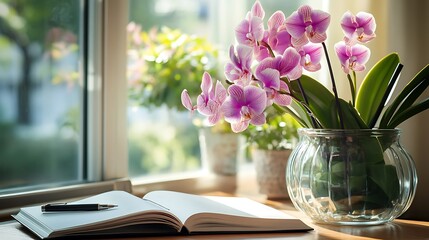 Canvas Print - Pink Orchids in a Glass Vase on a Windowsill with an Open Book and Pen