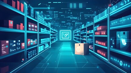 Poster - graphic of IoT enabled smart retail shelves with advanced sensors and data analytics capabilities for real time inventory tracking and management  Depicting the future of automated data driven retail