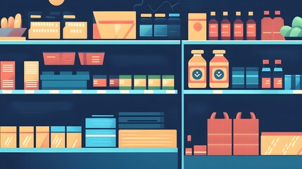Poster - Innovative graphic of IoT powered smart shelves displaying dynamic pricing and promotional information for modern retail stores and e commerce businesses