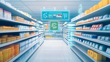 Poster - IoT Enhanced Retail Shelves with Interactive Customer Displays for Streamlined Shopping Experience  This graphic showcases the of Internet of Things IoT technology into retail shelves