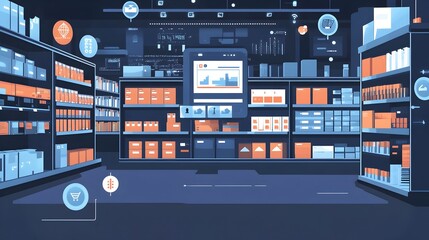 Poster - futuristic graphic depicting iot powered shelves with a real time dashboard displaying comprehensive