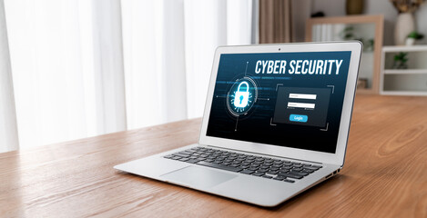 Poster - cyber security system on computer screen protect private information snugly from hacker and cyber at
