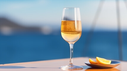 Glass of wine on beach background.