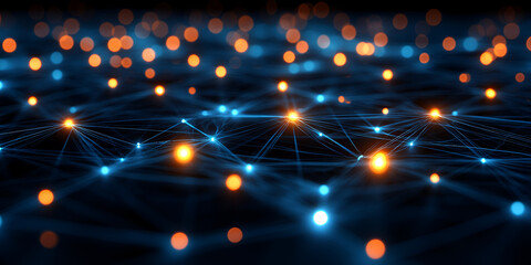 Poster - Vibrant network connections illuminated by glowing blue and orange dots on a dark background, representing digital communication in technology