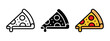 © Chelpanoff - Pizza slice icon. Piece of pizza peperoni vector illustration. Pizzeria logo. Salami pizza symbol. Fast food sign in three different styles.