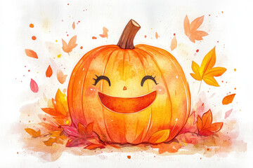 Wall Mural - Cheerful pumpkin is smiling broadly, surrounded by colorful autumn leaves