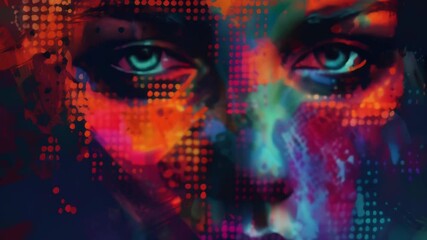 Poster - Colorful abstract portrait with pixelated digital effects, symbolizing the intersection of AI and creativity.