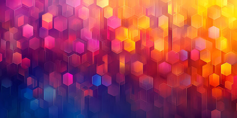 Aufkleber - Colorful hexagonal patterns creating a vibrant abstract background with blurred lights in shades of orange, pink, and blue