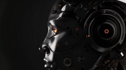 Poster - Side profile of a sleek, black robotic head with glowing elements. Concept of advanced AI and futuristic technology.