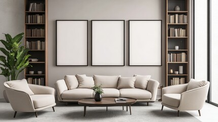 Cream colored living room interior sofa and armchairs with bookshelf.