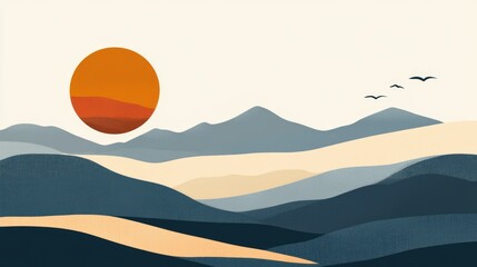 Wall Mural - Sunset Over Mountains, Minimalist Landscape