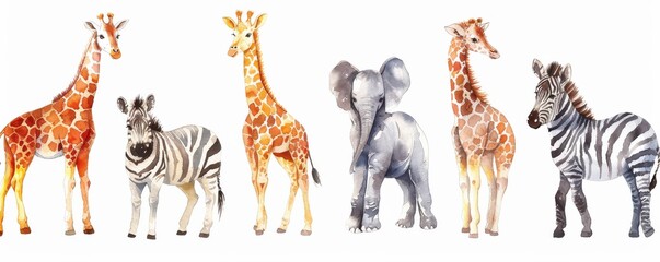 Charming watercolor illustration of baby giraffes and an elephant, surrounded by soft foliage, capturing a playful and gentle wildlife scene.