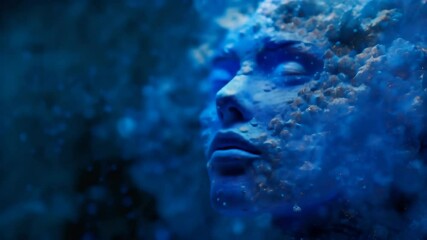 Poster - Close-up of a human face submerged in blue, futuristic texture, representing human-machine fusion and technological advancement.