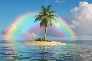 Poster - A palm tree is on a small island in the ocean with a rainbow in the sky