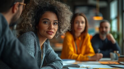 Thoughtful Businesswoman with Curly Hair Wearing Glasses in a Meeting with Colleagues in a Modern Office Setting