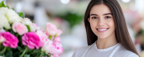 A cheerful, young brunette businesswoman florist creates a stunning bouquet of vibrant, varied flowers at a floral store with a modern interior.