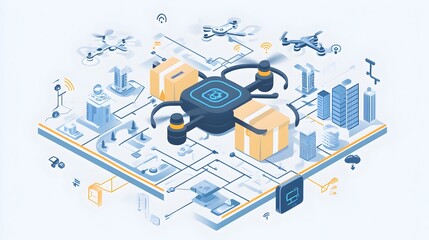 Poster - futuristic graphic of iot powered drones transporting packages wirelessly for smart and automated de
