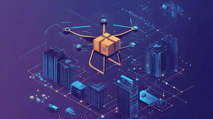 Poster - graphic depicting iot enabled drones transporting packages autonomously and reliably for modern logi