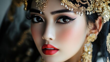 Beautiful female asian model with traditional bridal make up regional customs background wallpaper AI generated image