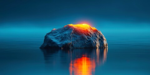 Wall Mural - Minimalist Still Photography of an Icy Rock in the Sea at Dawn, Blue and Orange Reflections on Calm Water, Serene and Majestic Landscape for Nature Prints or Wallpapers