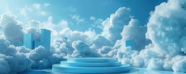 Wall Mural - 3D blue podium surrounded by fluffy clouds under a serene sky. Free copy space for text.