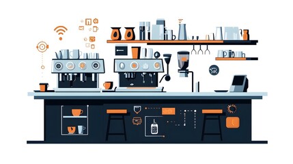 Poster - a graphic depicting iot enabled coffee machines in a sleek and modern smart caf environment showcasi