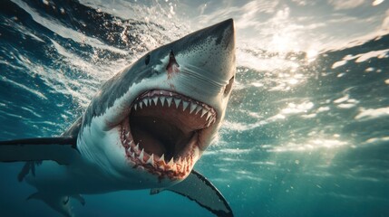 Wall Mural - Big angry and vicious shark with sharp teeth background wallpaper ai generated image