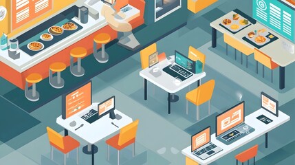 Poster - graphic depicting iot connected smart restaurant tables with integrated digital menus and automated 