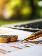 Business growth concept with golden pen, coins and financial reports on workplace, representing investment and profit.