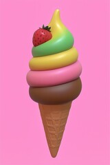 Poster - Colorful Ice Cream Cone with Strawberry Topping on Pink Background