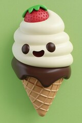 Poster - Cute Cartoon Ice Cream Cone with Strawberry and Chocolate Drizzle