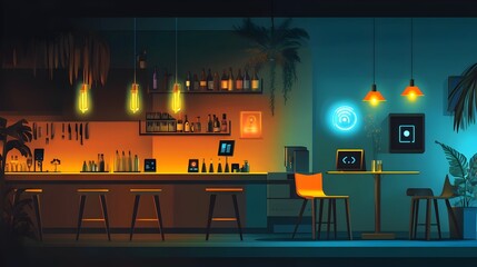 Poster - intelligent iot powered lighting and ambiance control in a modern restaurant interior graphic illust