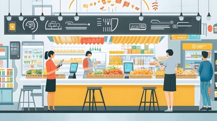 Poster - Innovative graphic showcasing the of smart payment systems and IoT technology to enhance the convenience and efficiency of the fresh market shopping experience