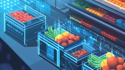 Poster - graphic of iot connected systems designed for optimizing the storage and distribution of perishable 