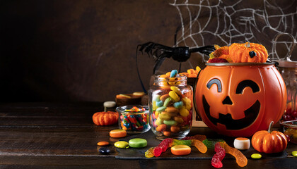 A Halloween-themed candy station with jars of colorful candies, including gummy worms and pumpkin-shaped sweets, set up on a black table with Halloween decorations.