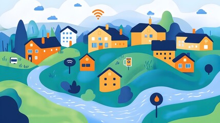Poster - detailed graphic of iot powered flood sensor devices monitoring water levels in rivers and streams p