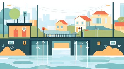 Poster - detailed graphic of iot enabled automated gates and barriers designed for flood prevention and water