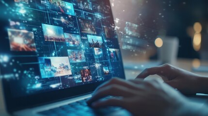 Poster - Laptop Screen with Multiple Images and Digital Lines