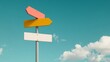 © Nima - A blank signpost with three arrows pointing in different directions against a blue sky with white clouds. This image symbolizes opportunity, choice, direction, and the journey ahead.