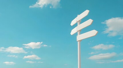 A blank signpost with three white arrows pointing in different directions against a bright blue sky. The signpost symbolizes choice, opportunity, and the potential for growth and success. The blue sky