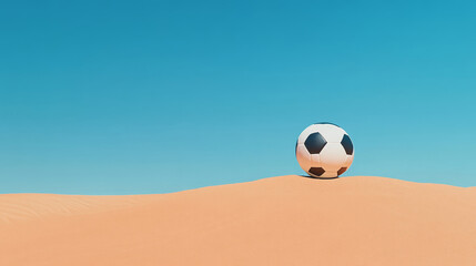 A black and white soccer ball rests on a sand dune under a clear blue sky. The ball represents sport, competition, and determination. The sand dune symbolizes challenge, perseverance, and reaching new