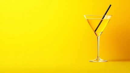 A classic martini cocktail in a glass with a straw, isolated on a bright yellow background. This image symbolizes celebration, sophistication, indulgence, relaxation, and enjoyment.