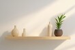 © Nima - A modern 3D  of a minimalist shelf with a wooden shelf, three vases in beige color, and a green plant in a brown pot. The shelf is set against a white wall with a soft light shining through. The compo
