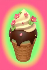 Sticker - Delicious Chocolate and Vanilla Ice Cream Cone with Flowers