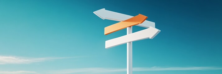 A single white signpost with multiple directional arrows pointing in different directions, symbolizing choice, opportunity, decision-making, and the path ahead.