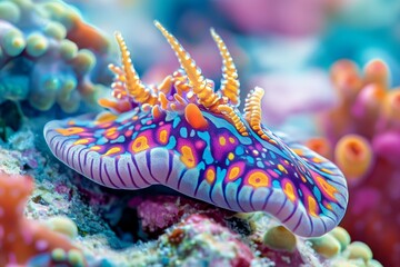 A stunning close-up of a colorful nudibranch, a type of sea slug, in a 3D flat cartoon style. Its vibrant hues and intricate patterns are reminiscent of a tropical rainforest, highlighting the beauty 